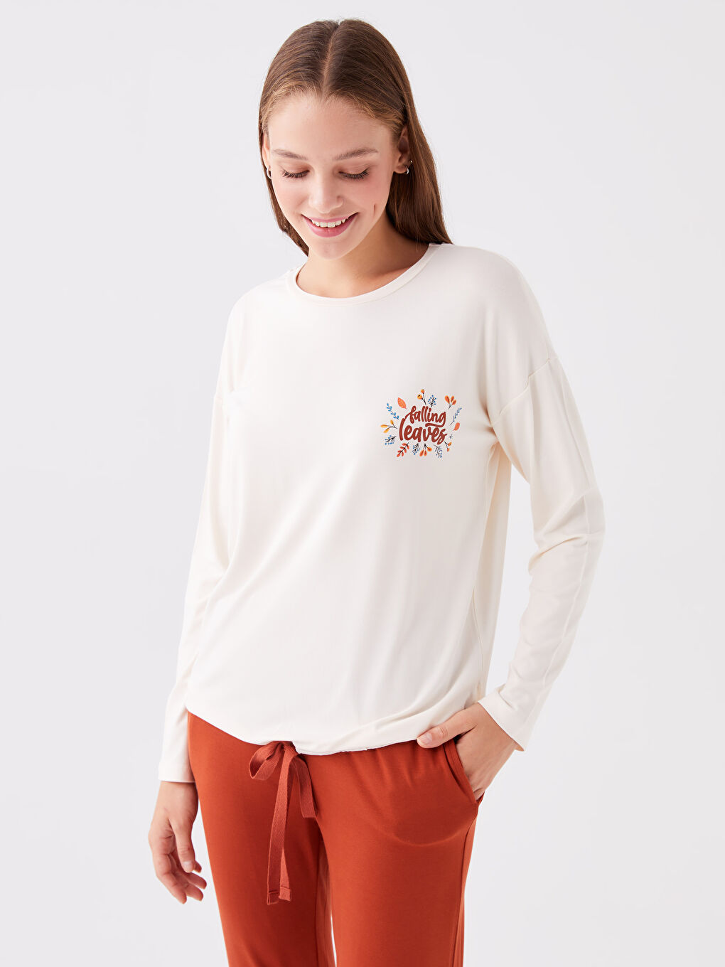 Kahverengi Bisiklet Yaka Baskılı Uzun Kollu Kadın Pijama Takımı-1