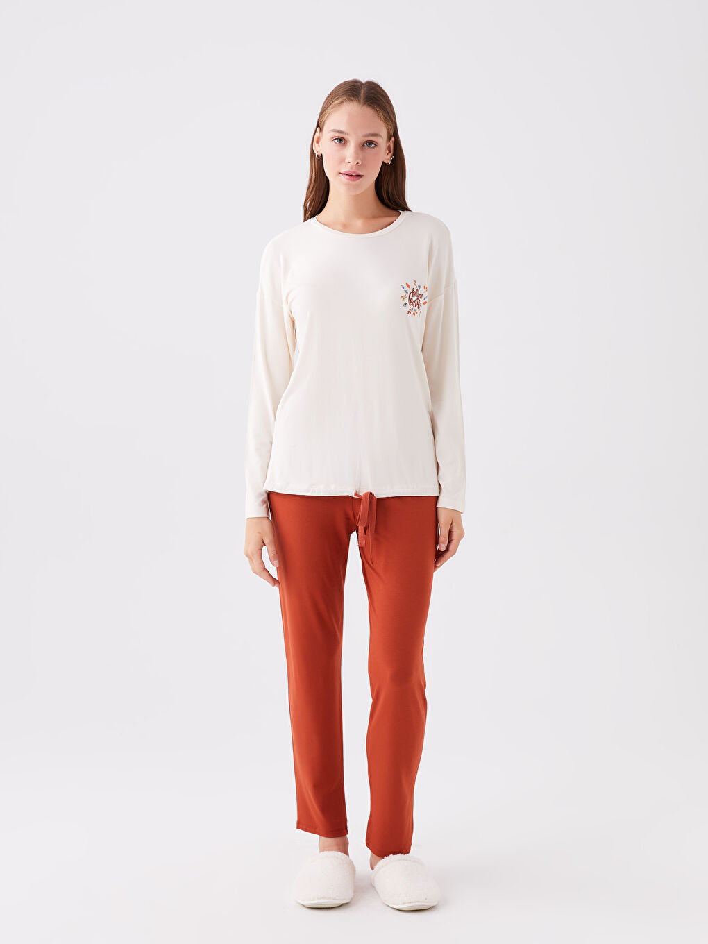 Kahverengi Bisiklet Yaka Baskılı Uzun Kollu Kadın Pijama Takımı-2