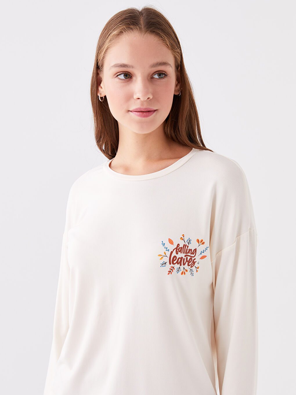 Kahverengi Bisiklet Yaka Baskılı Uzun Kollu Kadın Pijama Takımı-3