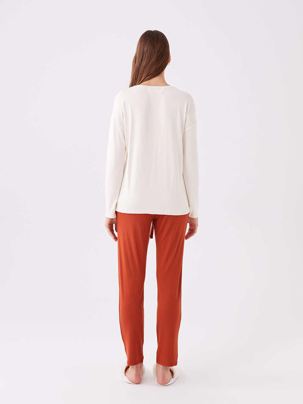 Kahverengi Bisiklet Yaka Baskılı Uzun Kollu Kadın Pijama Takımı-4