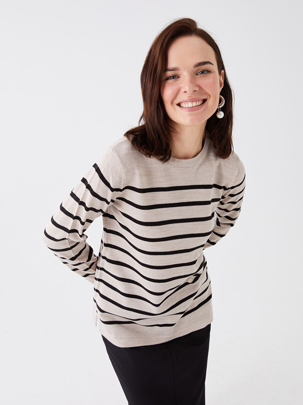 Bej Bisiklet Yaka Çizgili Uzun Kollu Kadın Triko Kazak