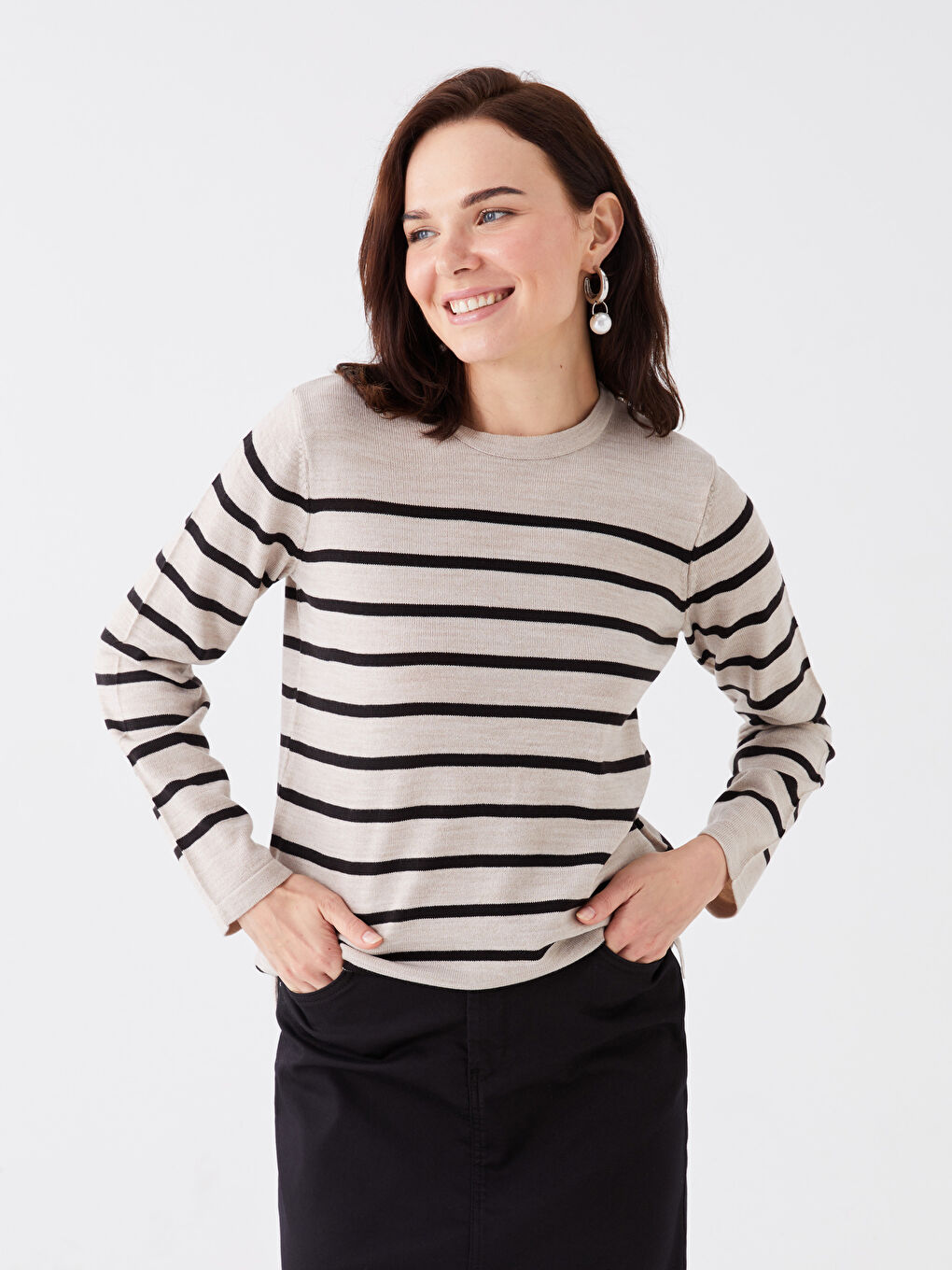 Bej Bisiklet Yaka Çizgili Uzun Kollu Kadın Triko Kazak-1