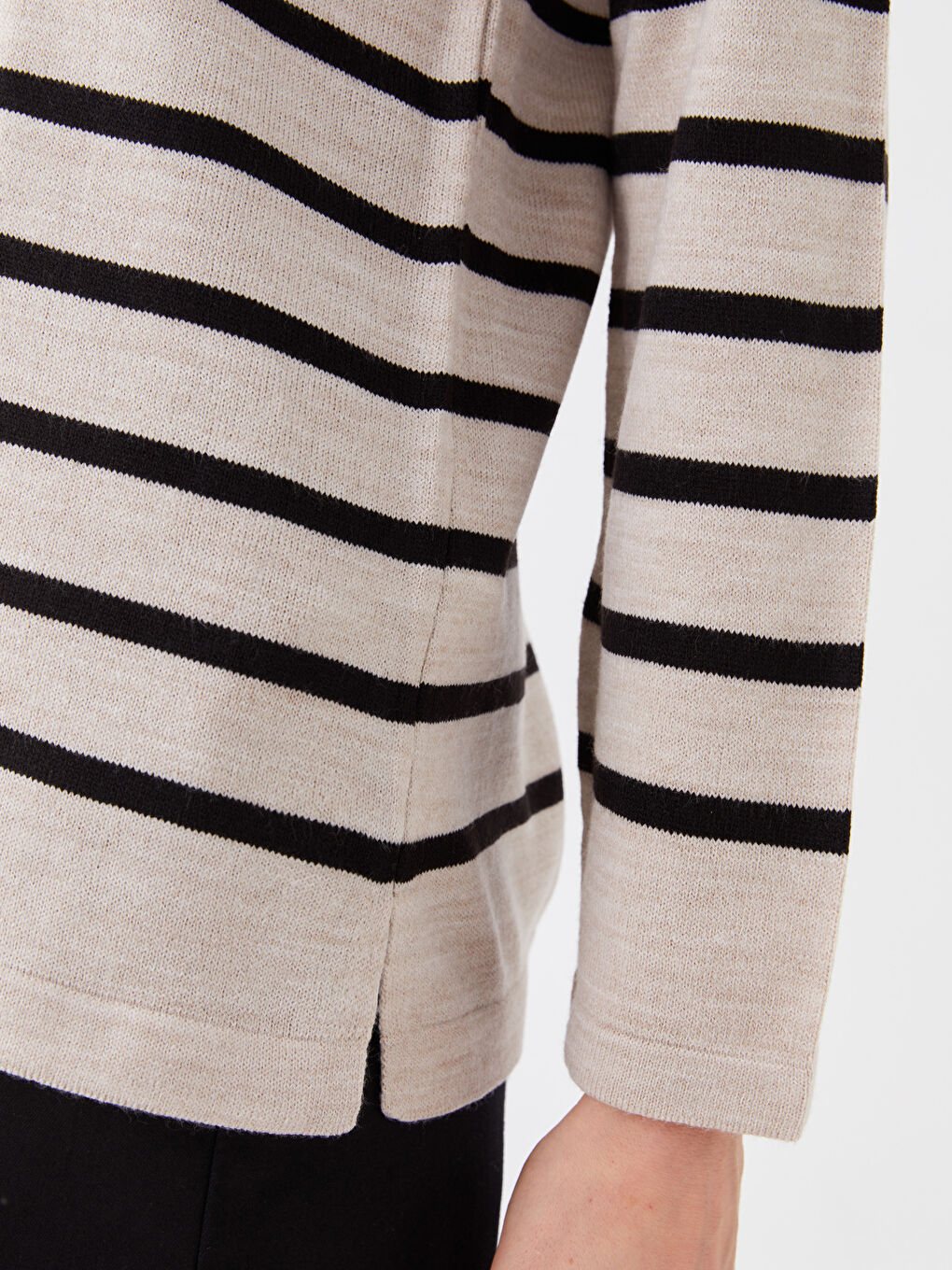 Bej Bisiklet Yaka Çizgili Uzun Kollu Kadın Triko Kazak-3