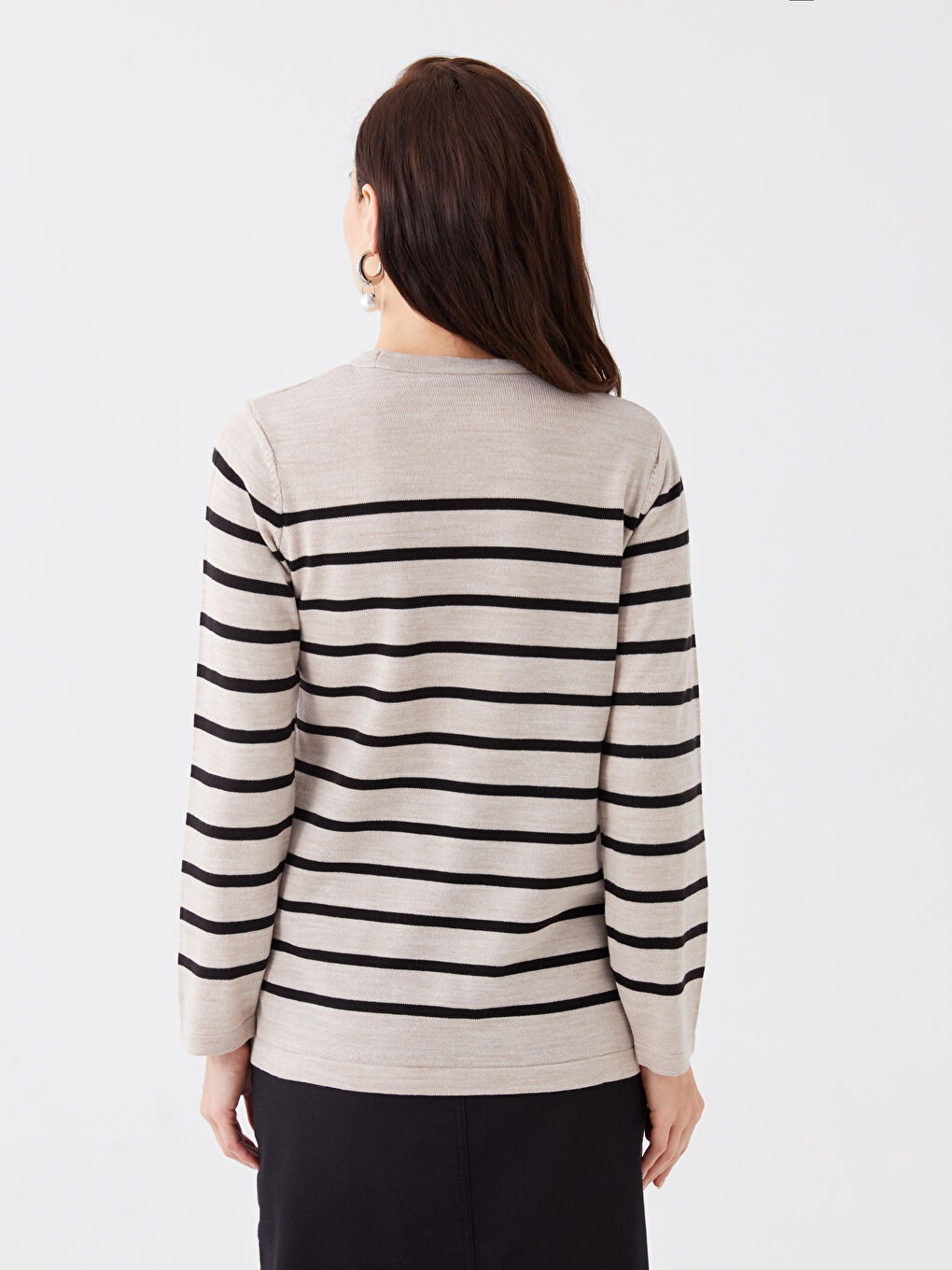 Bej Bisiklet Yaka Çizgili Uzun Kollu Kadın Triko Kazak-4