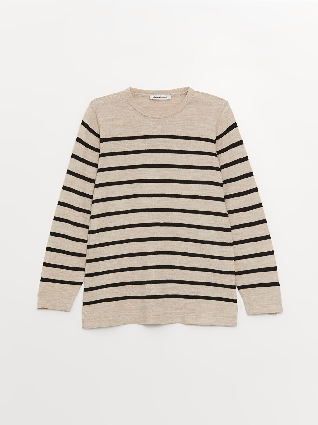 Bej Bisiklet Yaka Çizgili Uzun Kollu Kadın Triko Kazak-5