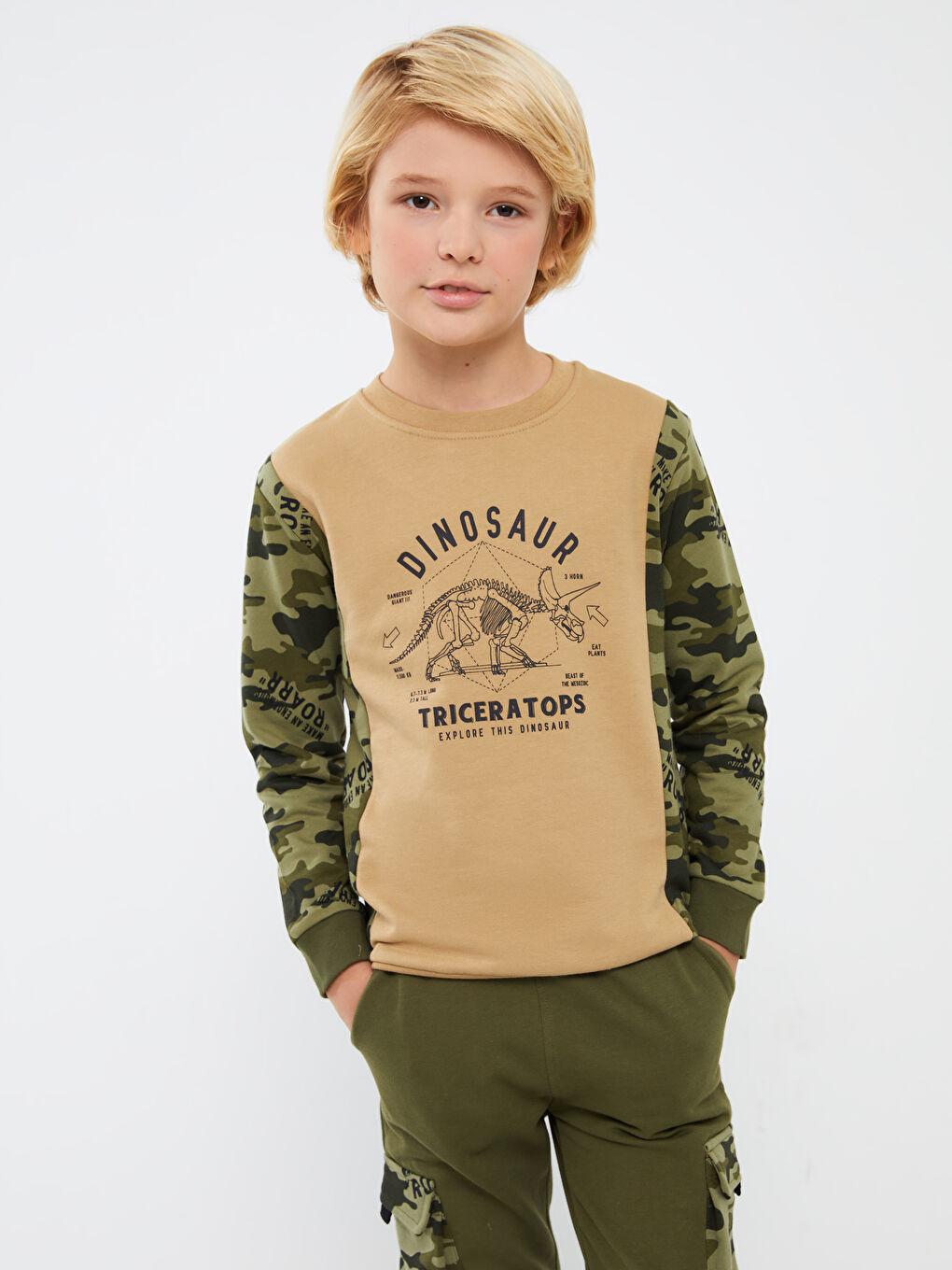 LCW Kids Bej Bisiklet Yaka Baskılı Uzun Kollu Erkek Çocuk Sweatshirt