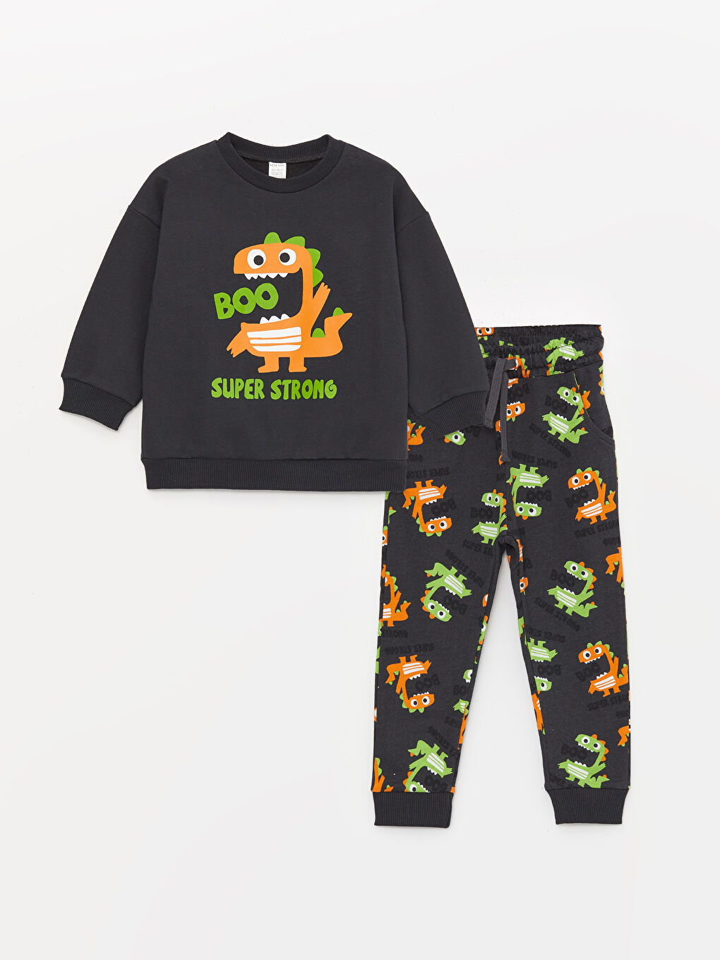 LCW baby Antrasit Bisiklet Yaka Uzun Kollu Baskılı Erkek Bebek Sweatshirt ve Pantolon 2'li Takım