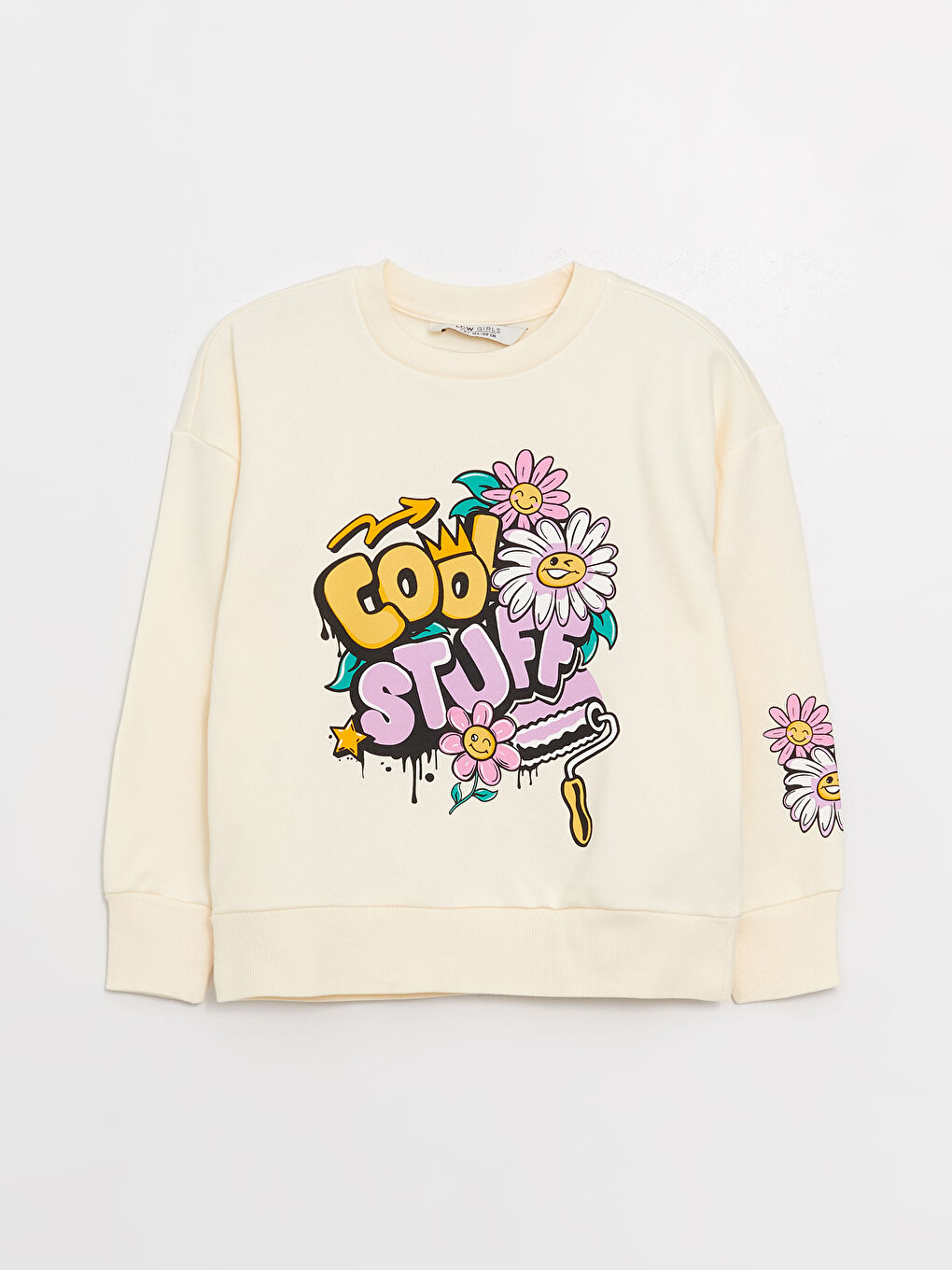 LCW Kids Ekru Bisiklet Yaka Baskılı Uzun Kollu Kız Çocuk Sweatshirt