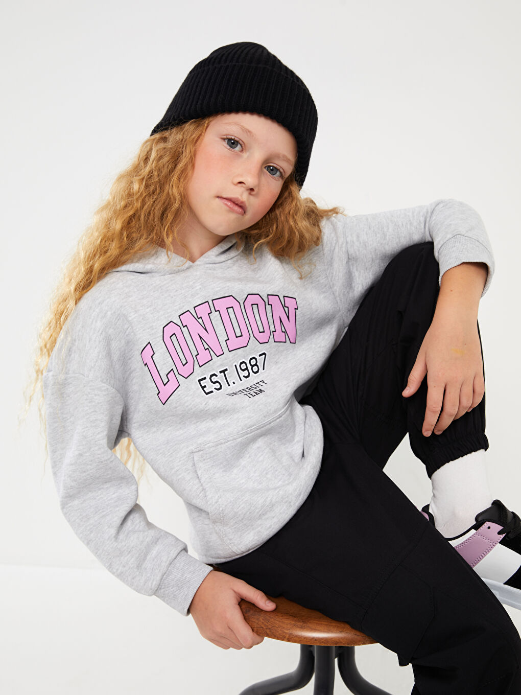 LCW Kids Gri Melanj Baskılı Uzun Kollu Kız Çocuk Hoodie