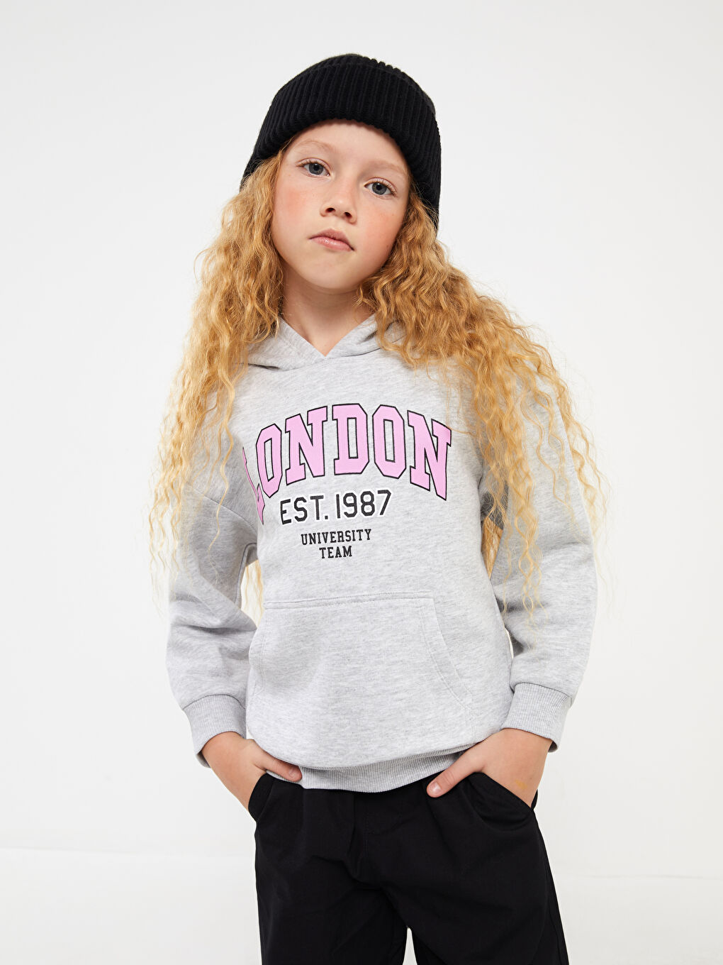 LCW Kids Gri Melanj Baskılı Uzun Kollu Kız Çocuk Hoodie - 1