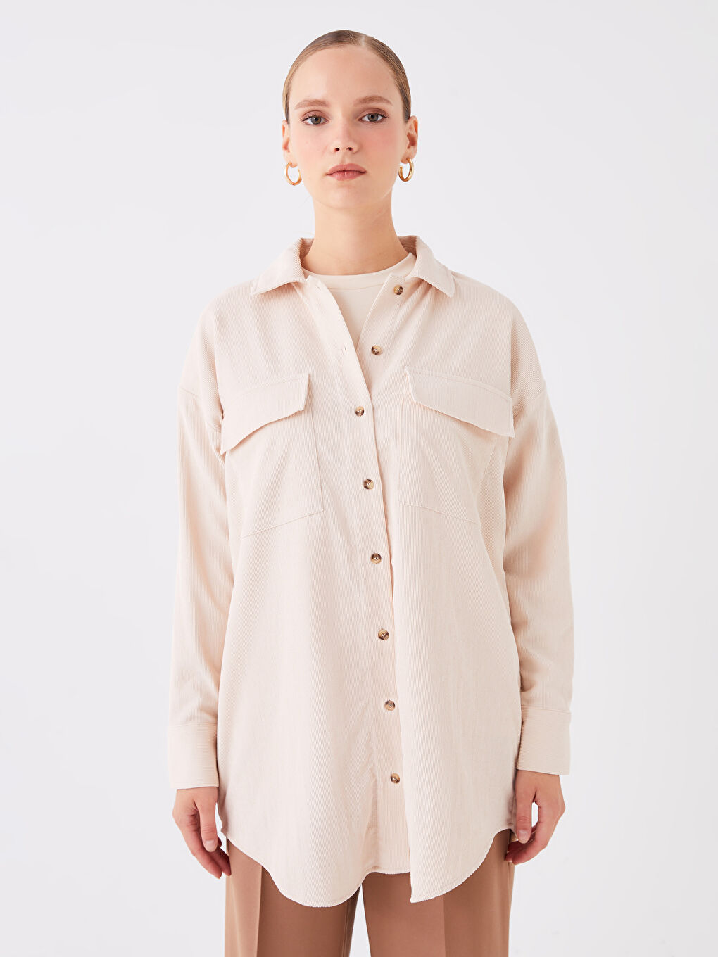 Bej Düz Uzun Kollu Oversize Kadın Gömlek Tunik