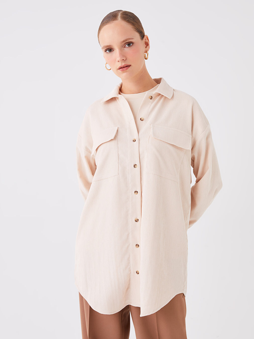 Bej Düz Uzun Kollu Oversize Kadın Gömlek Tunik-1