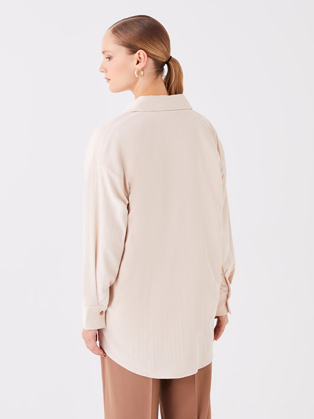 Bej Düz Uzun Kollu Oversize Kadın Gömlek Tunik-4
