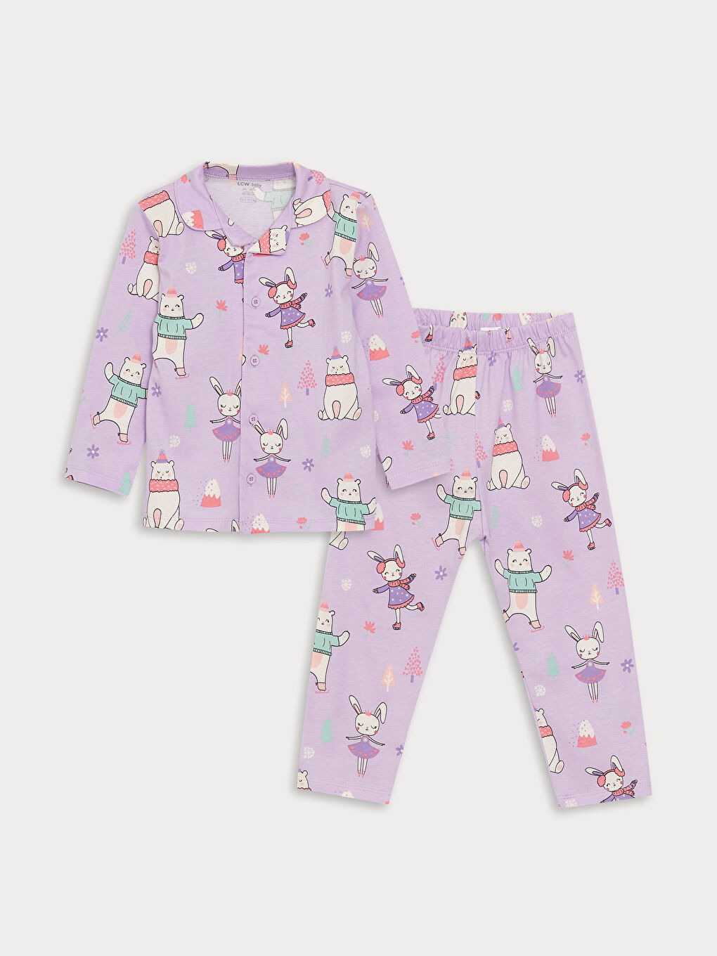 Polo Neck Long Sleeve Printed Baby Girl Pajama Set