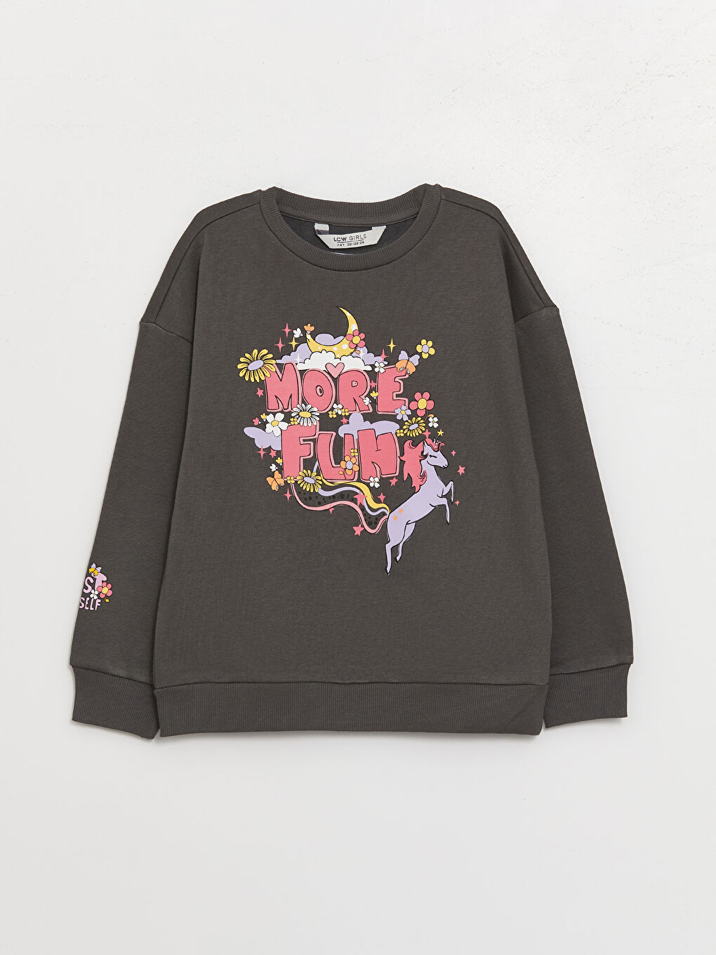 LCW Kids Koyu Gri Bisiklet Yaka Baskılı Uzun Kollu Kız Çocuk Sweatshirt