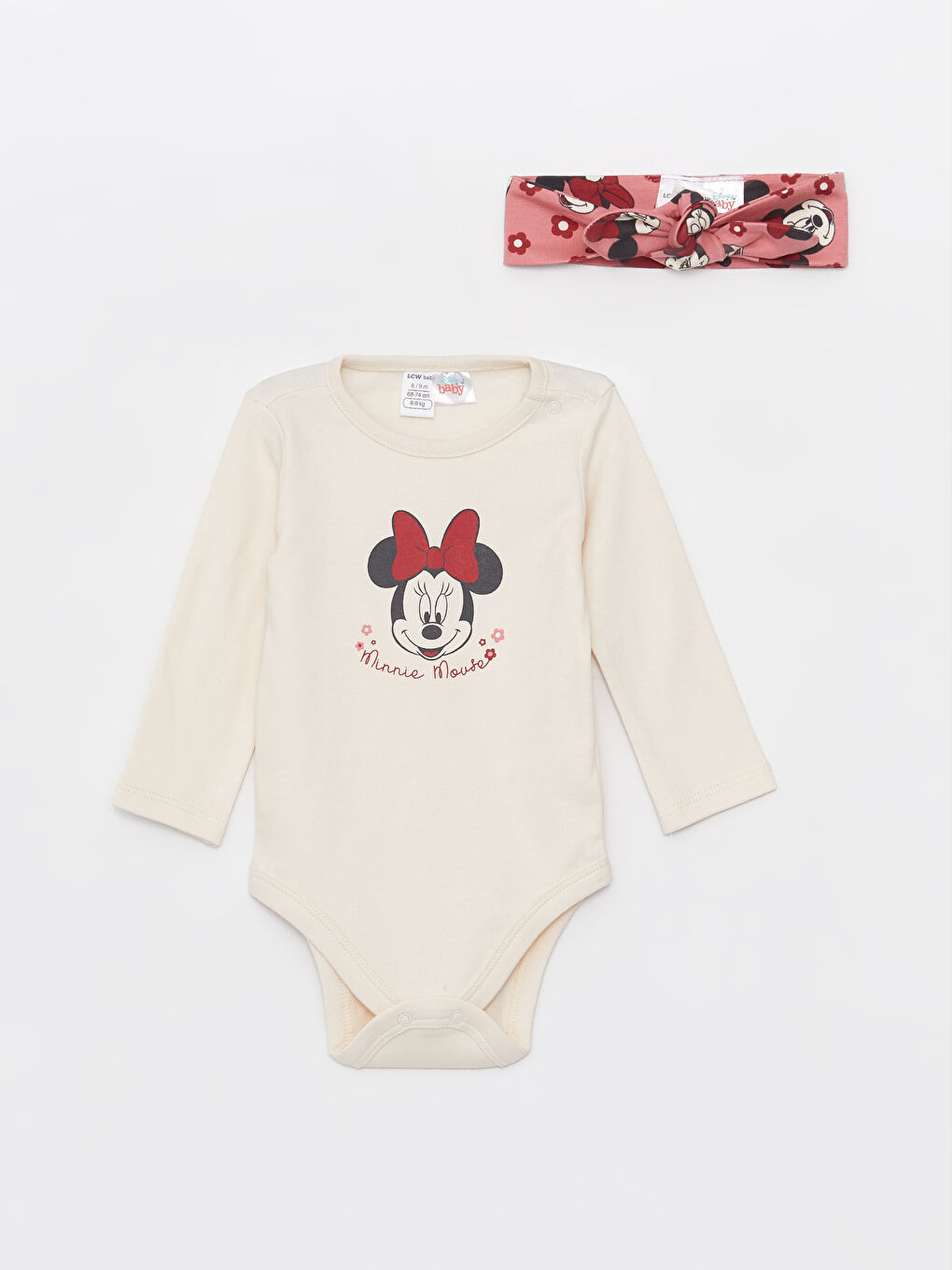 LCW baby Açık Bej Bisiklet Yaka Uzun Kollu Minnie Mouse Baskılı Kız Bebek Hastane Çıkış Seti - 1