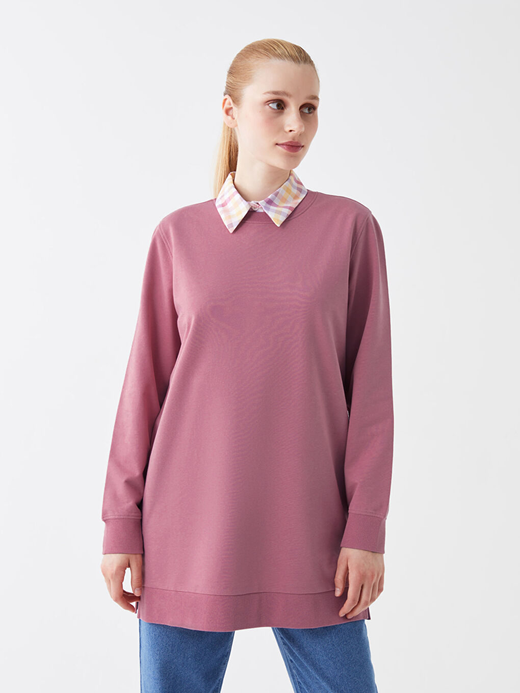 Pembe Bisiklet Yaka Kadın Sweatshirt Tunik