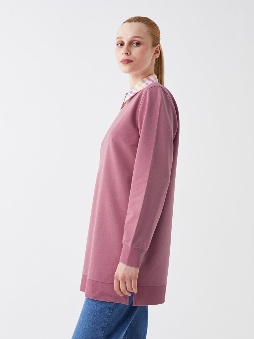 Pembe Bisiklet Yaka Kadın Sweatshirt Tunik-1