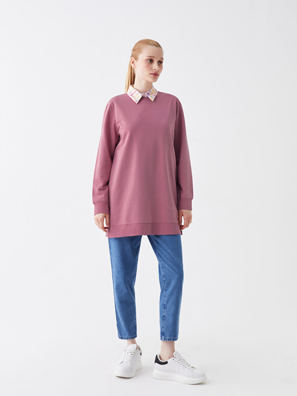 Pembe Bisiklet Yaka Kadın Sweatshirt Tunik-2