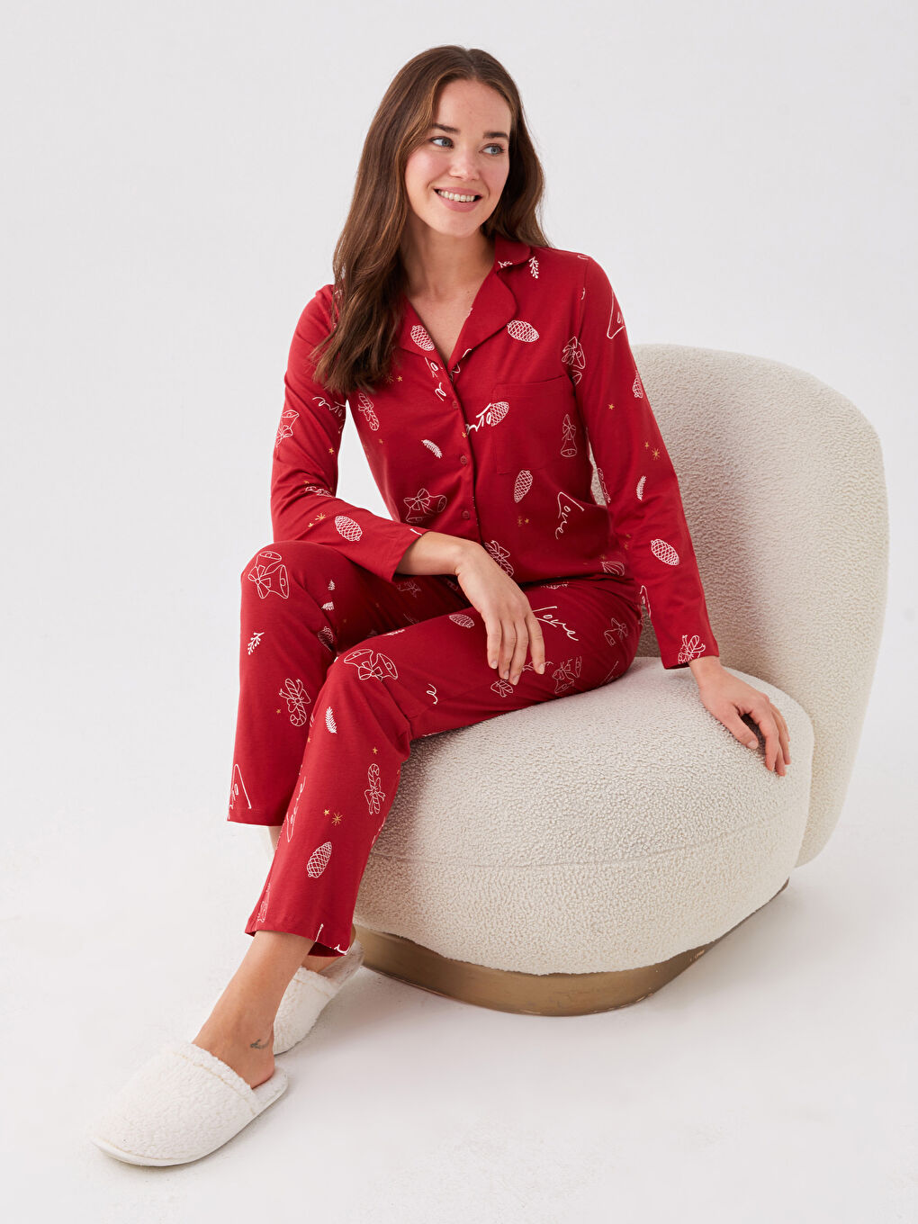 LCW DREAM Shirt Neck New Year Themed Long Sleeve Women's Pajama Set -W3BP83Z8-LTQ
