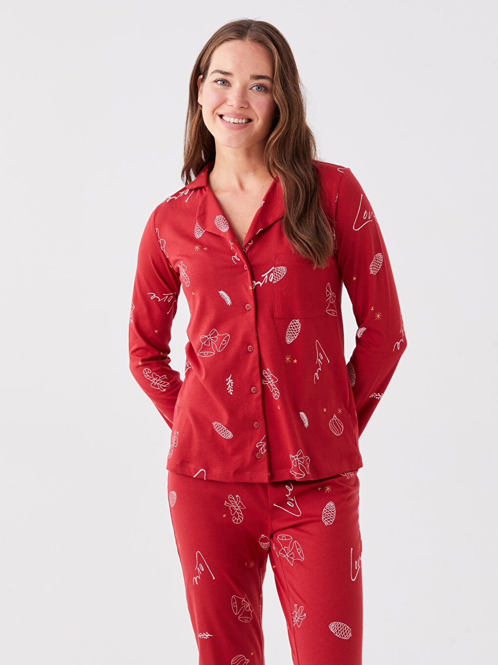 LCW DREAM Shirt Neck New Year Themed Long Sleeve Women's Pajama Set -W3BP83Z8-LTQ