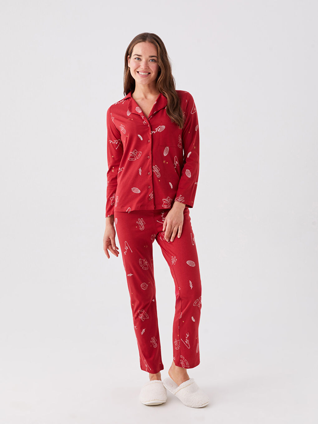 LCW DREAM Shirt Neck New Year Themed Long Sleeve Women's Pajama Set -W3BP83Z8-LTQ