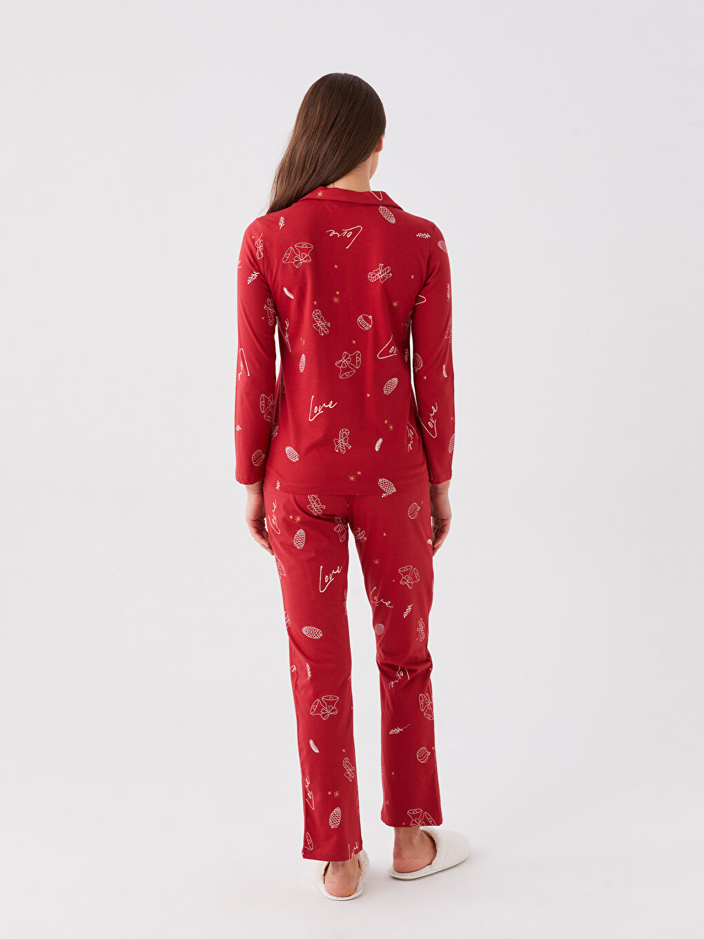 LCW DREAM Shirt Neck New Year Themed Long Sleeve Women's Pajama Set -W3BP83Z8-LTQ