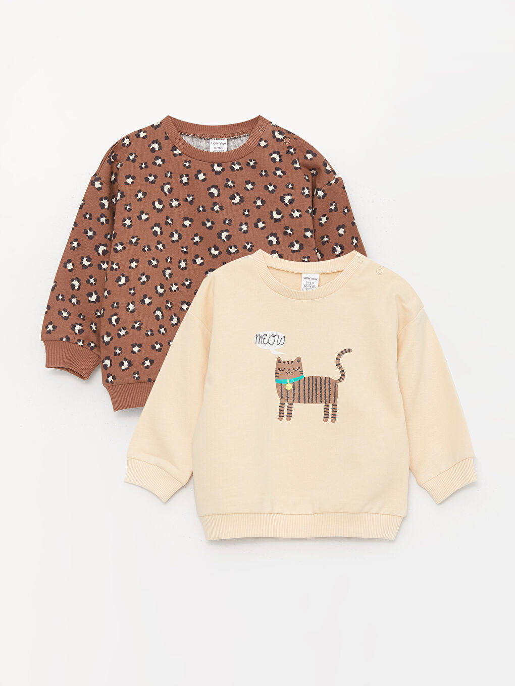 LCW baby Açık Bej Bisiklet Yaka Uzun Kollu Baskılı Kız Bebek Sweatshirt 2'li