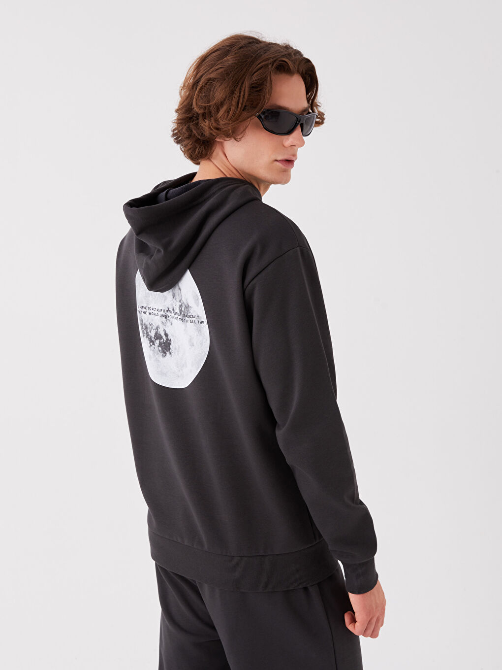 Antrasit Uzun Kollu Baskılı Erkek Kalın Hoodie