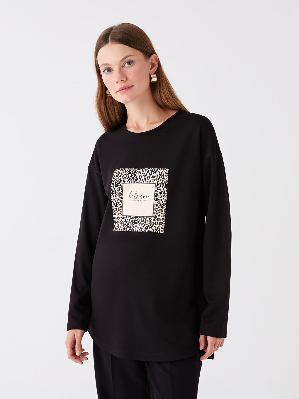 Crew Neck Printed Long Sleeve Women's Tunic