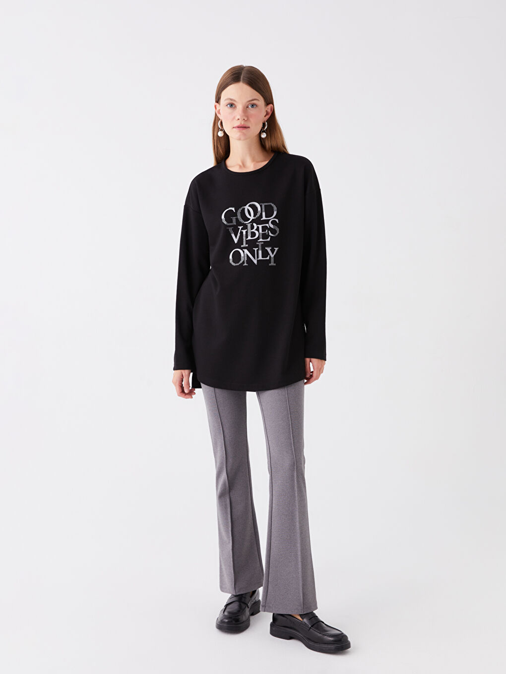 Crew Neck Printed Long Sleeve Women's Tunic -W3BQ87Z8-CVL