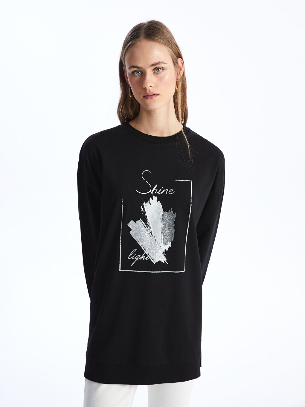 Crew Neck Printed Long Sleeve Oversize Women's Sweatshirt Tunic