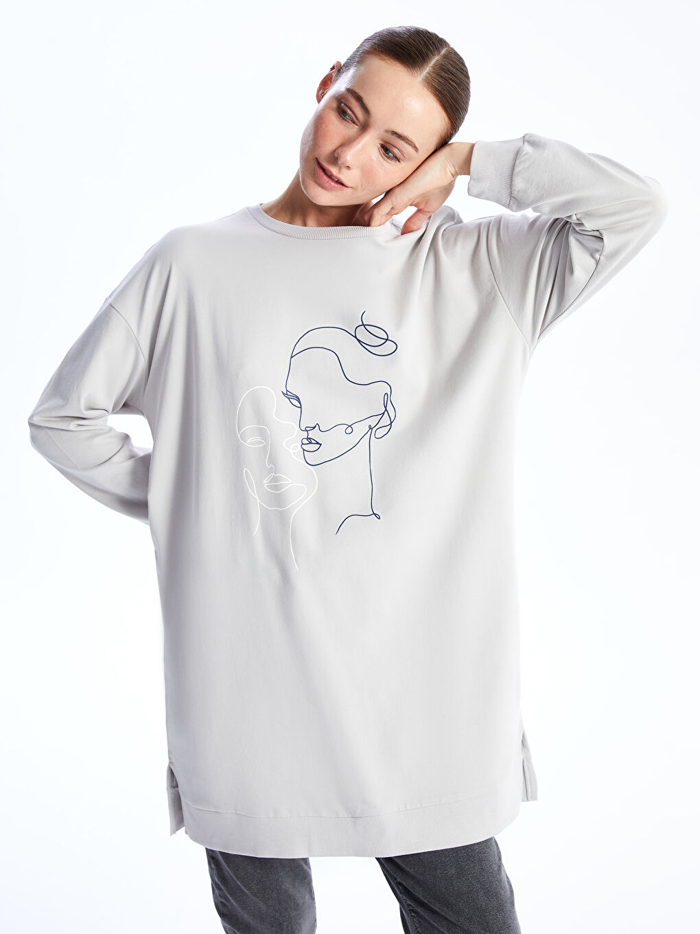 Tunique Sweatshirt Oversize à Manches Longues Imprimée pour Femmes avec Col Rond