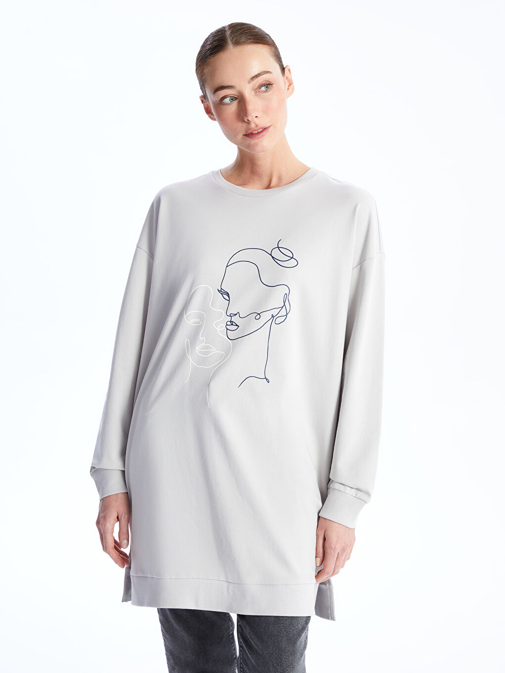 Tunique Sweatshirt Oversize à Manches Longues Imprimée pour Femmes avec Col Rond-1