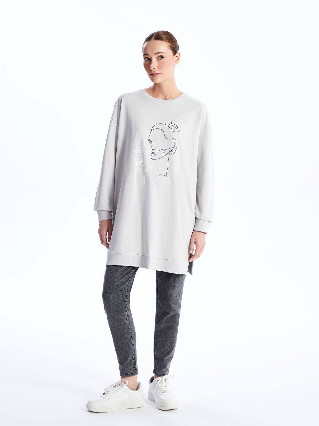 Tunique Sweatshirt Oversize à Manches Longues Imprimée pour Femmes avec Col Rond-2