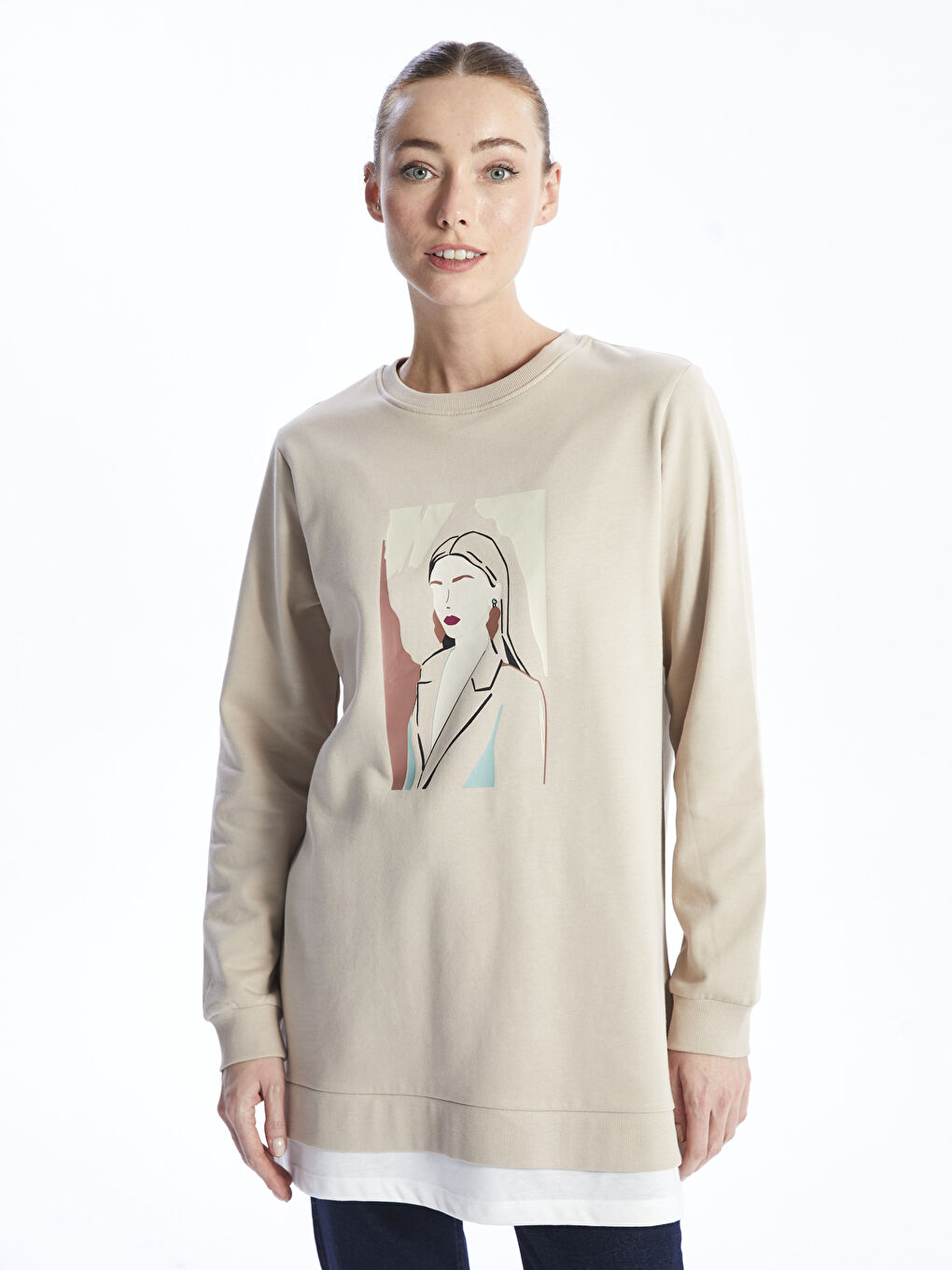 Tunique Sweatshirt à Manches Longues Imprimée pour Femmes avec Col Rond