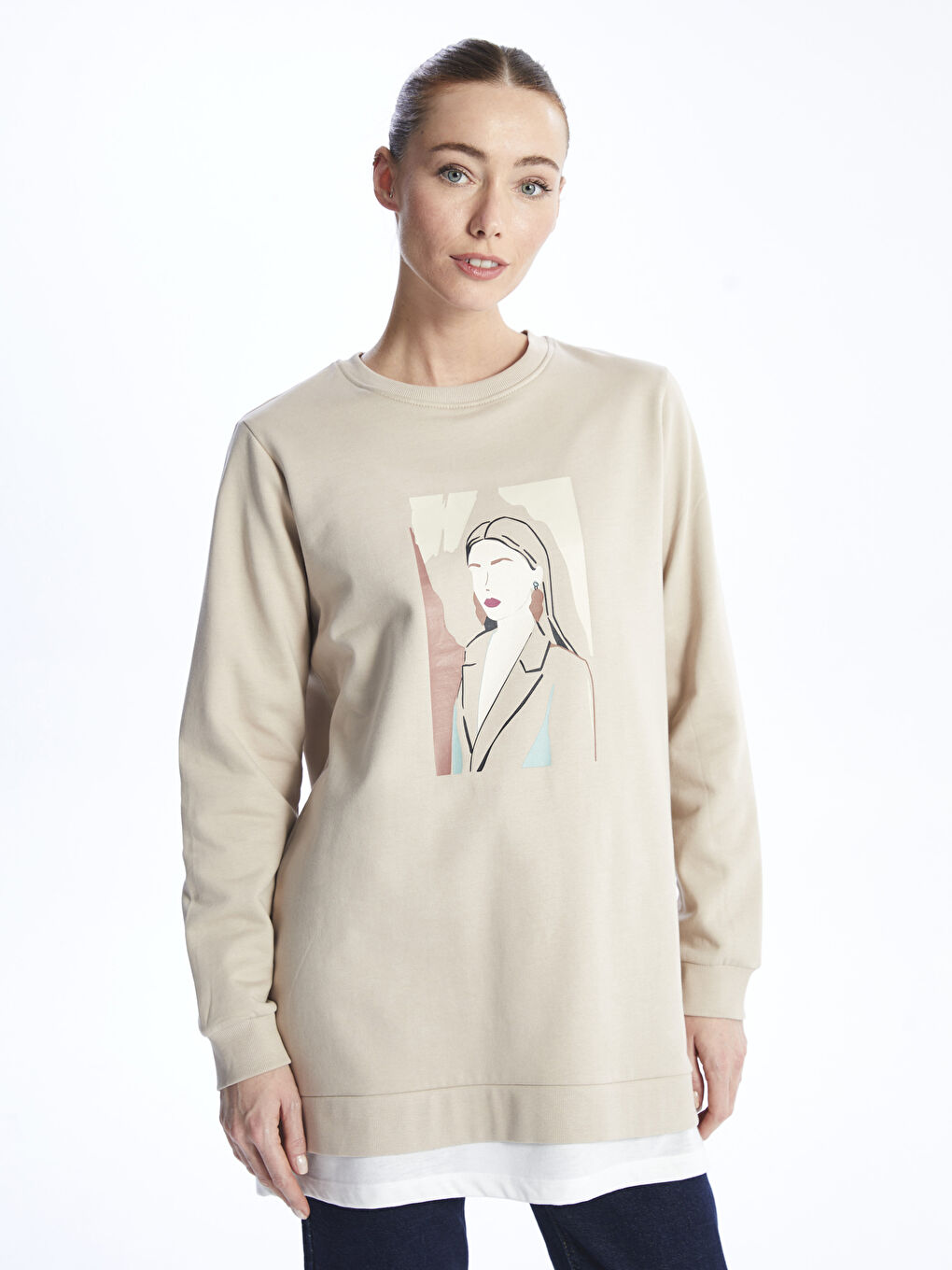 Tunique Sweatshirt à Manches Longues Imprimée pour Femmes avec Col Rond-1