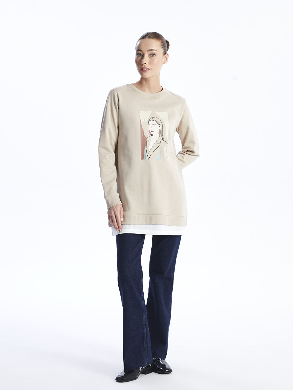 Tunique Sweatshirt à Manches Longues Imprimée pour Femmes avec Col Rond-2