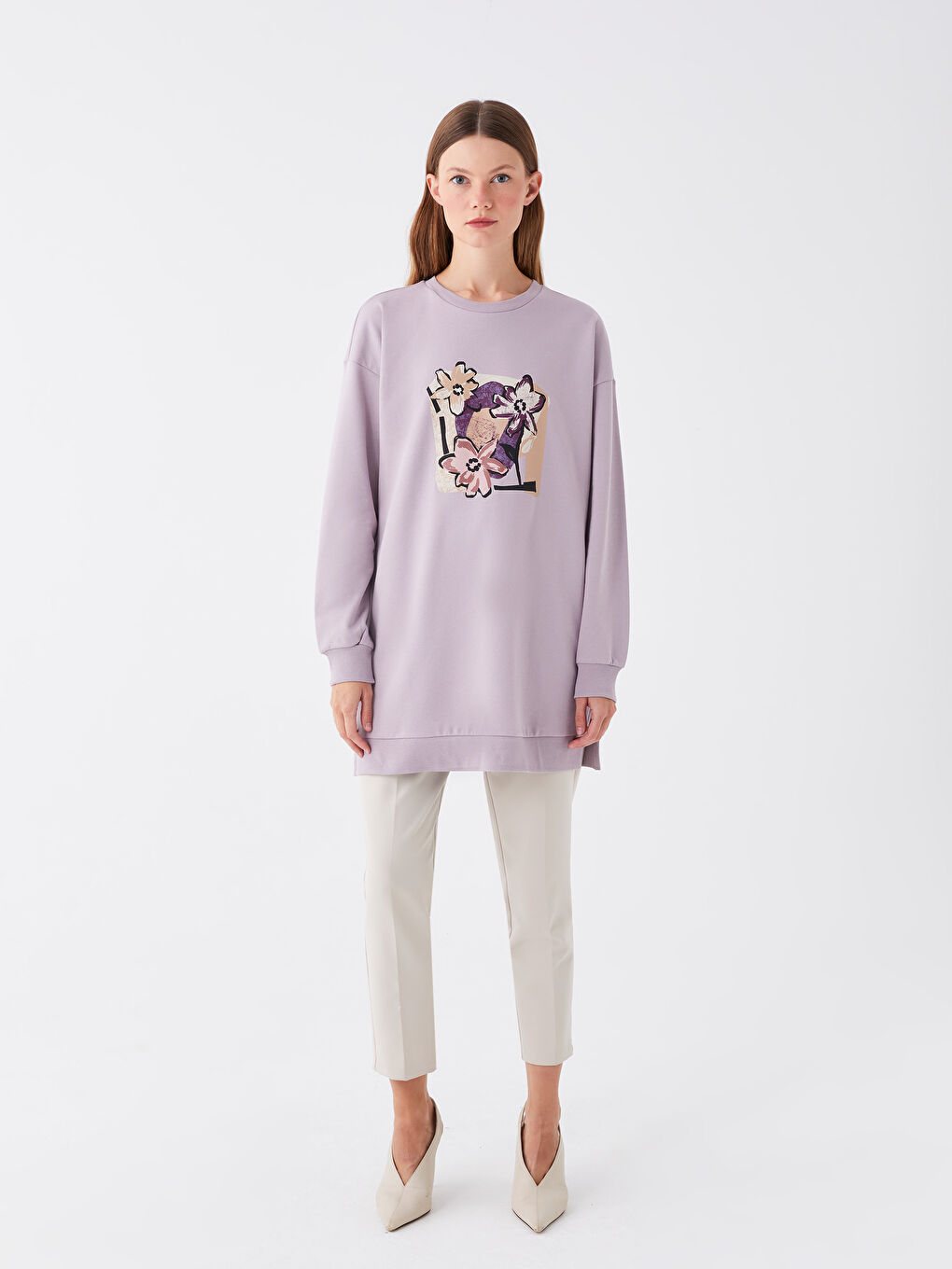 تونیکی سویتشێرتی قۆڵ درێژی چاپکراوی یه‌خه‌ خڕ ئۆڤەرسایز بۆ ژنان-2