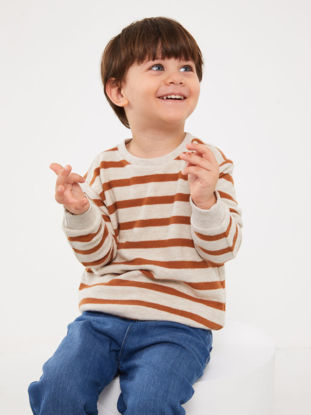 Kahverengi Bisiklet Yaka Uzun Kollu Çizgili Erkek Bebek Sweatshirt-1