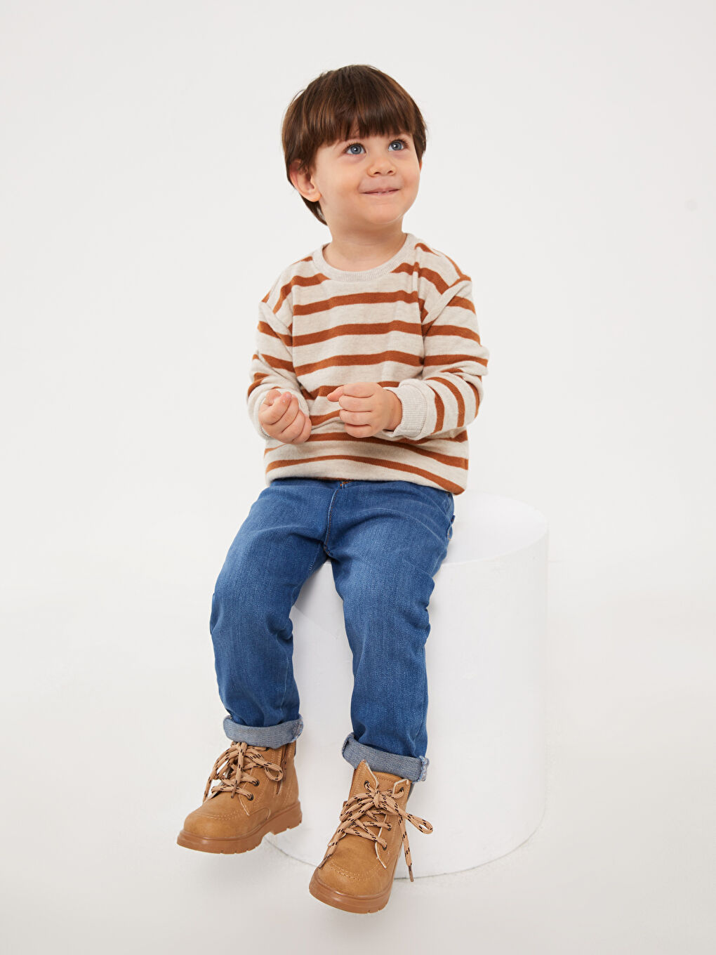 Kahverengi Bisiklet Yaka Uzun Kollu Çizgili Erkek Bebek Sweatshirt-2