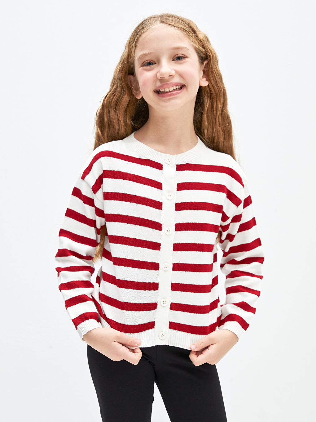 Kırmızı Bisiklet Yaka Çizgili Uzun Kollu Kız Çocuk Triko Hırka