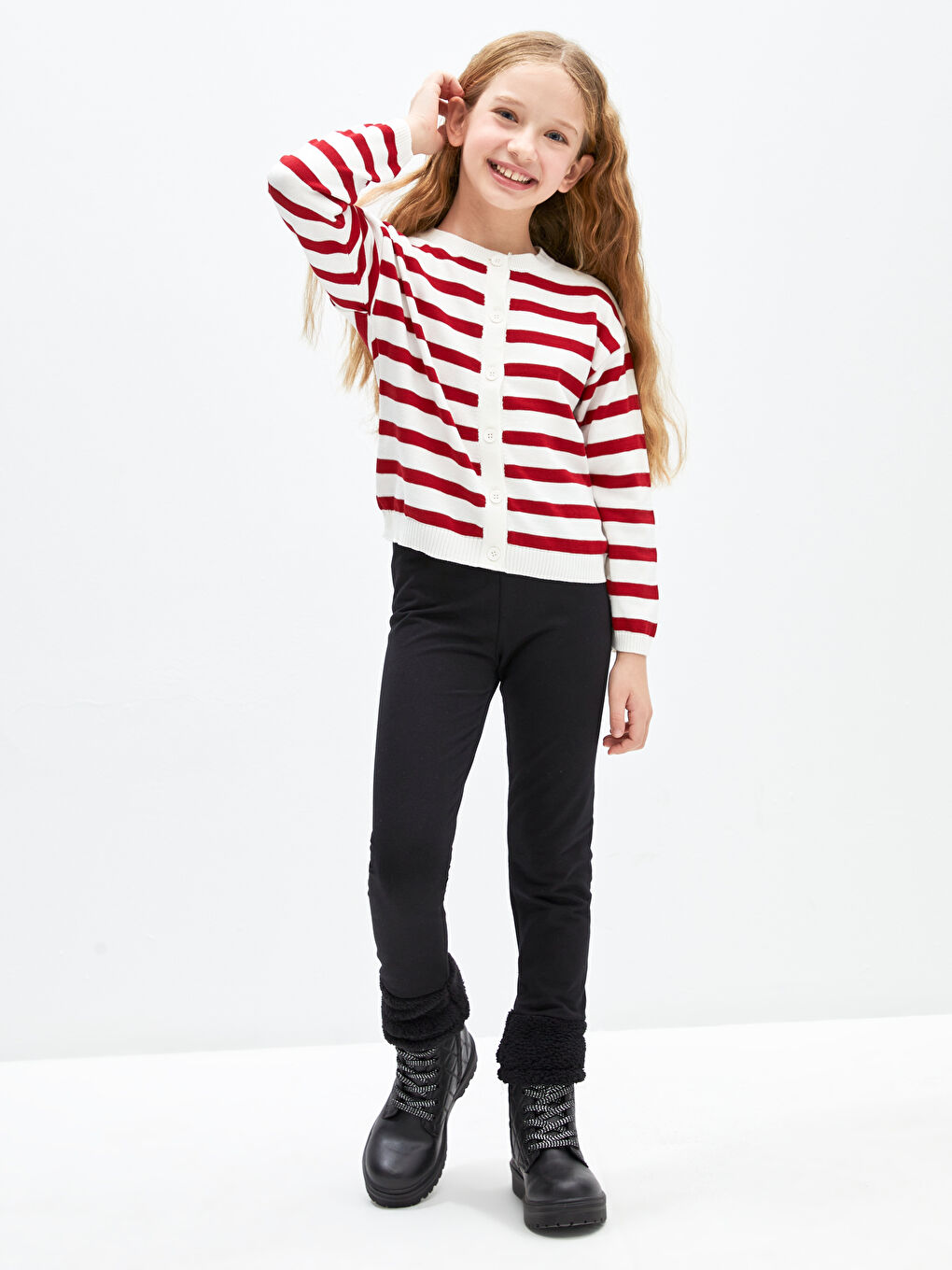 Kırmızı Bisiklet Yaka Çizgili Uzun Kollu Kız Çocuk Triko Hırka-1