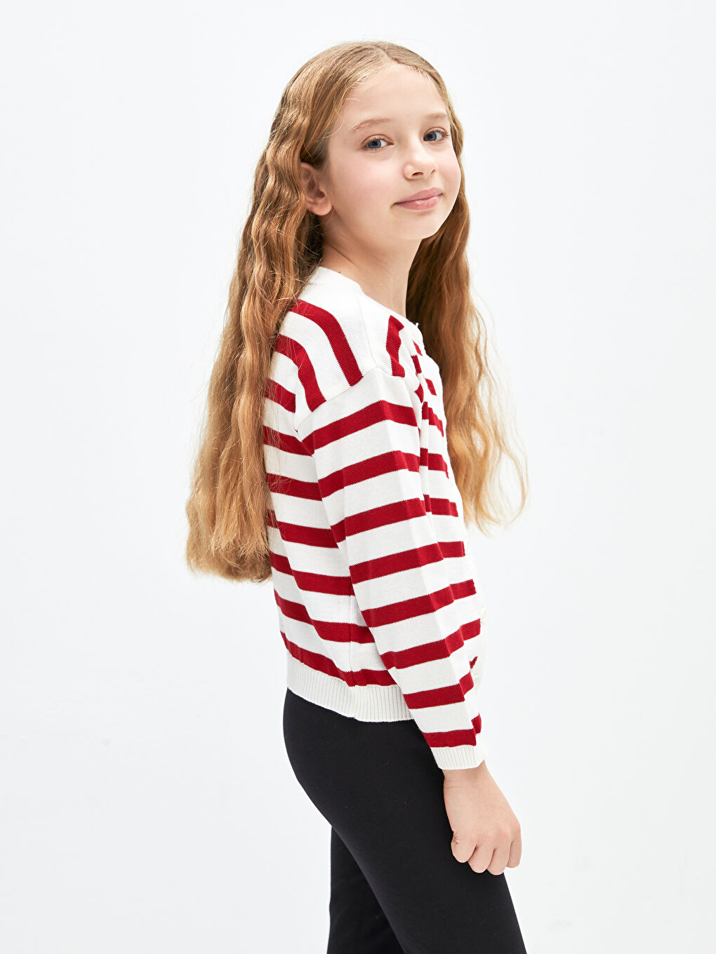 Kırmızı Bisiklet Yaka Çizgili Uzun Kollu Kız Çocuk Triko Hırka-2