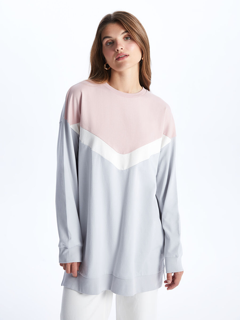 Crew Neck Color Block Long Sleeve Oversize Women's Sweatshirt Tunic