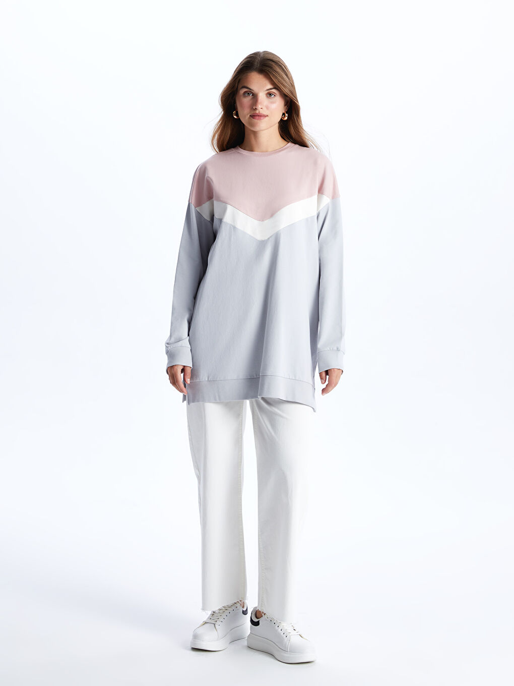 Crew Neck Color Block Long Sleeve Oversize Women's Sweatshirt Tunic-2