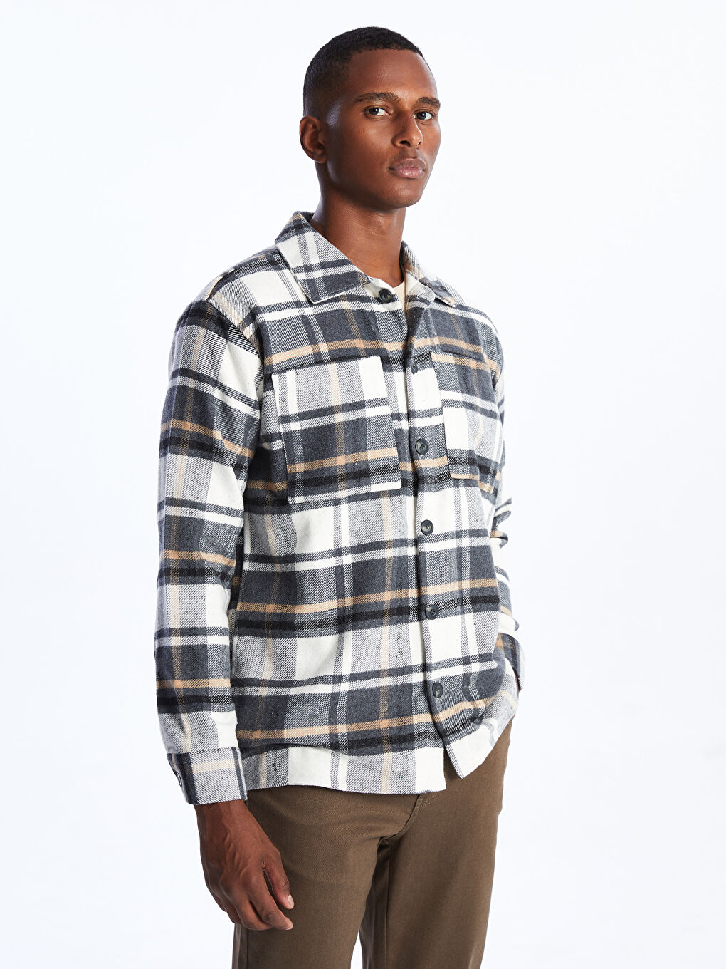 Gri Regular Fit Uzun Kollu Ekose Erkek Oduncu Gömlek Ceket