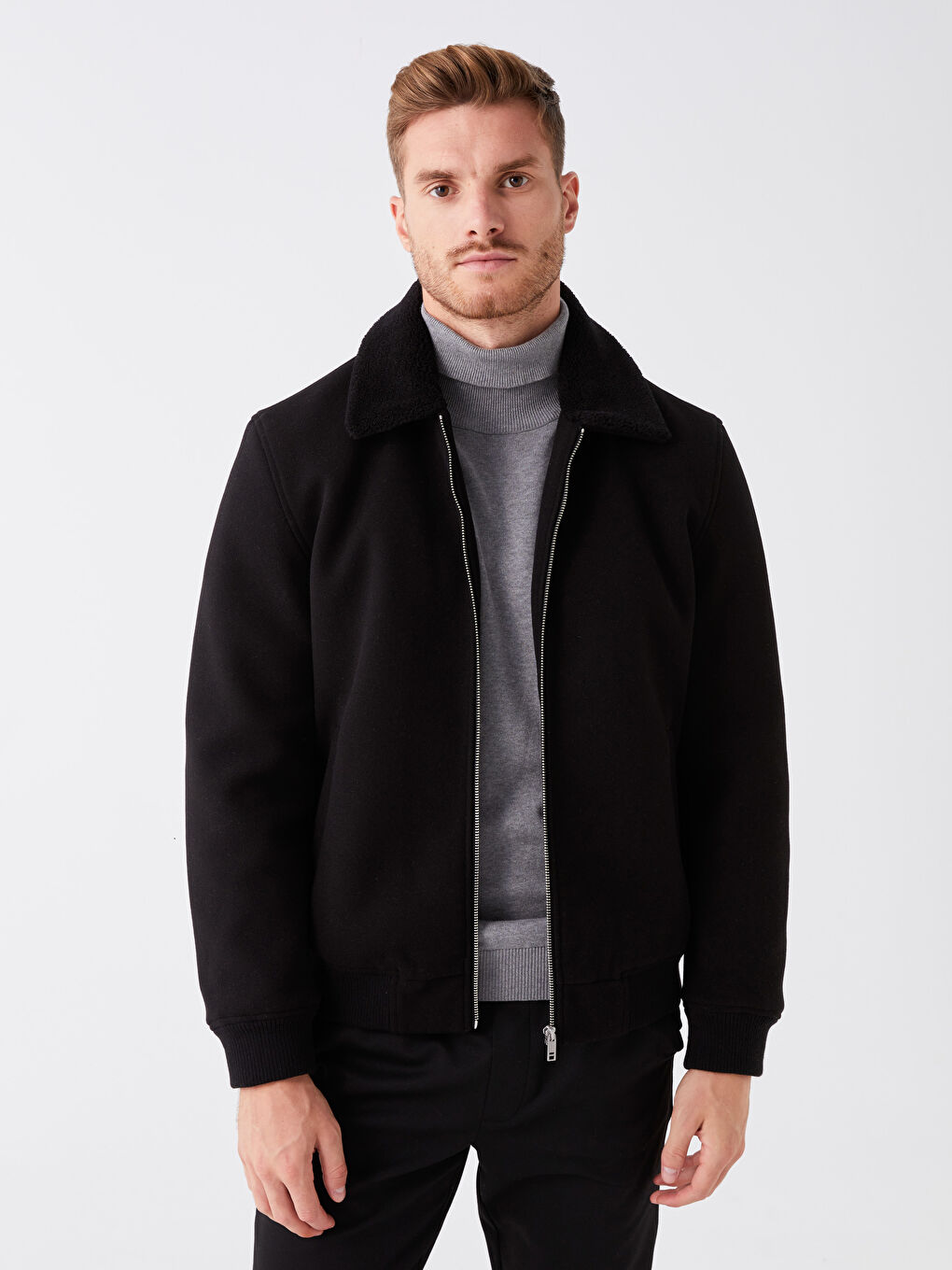 Siyah Standart Kalıp Gömlek Yaka Erkek Kaşe Mont