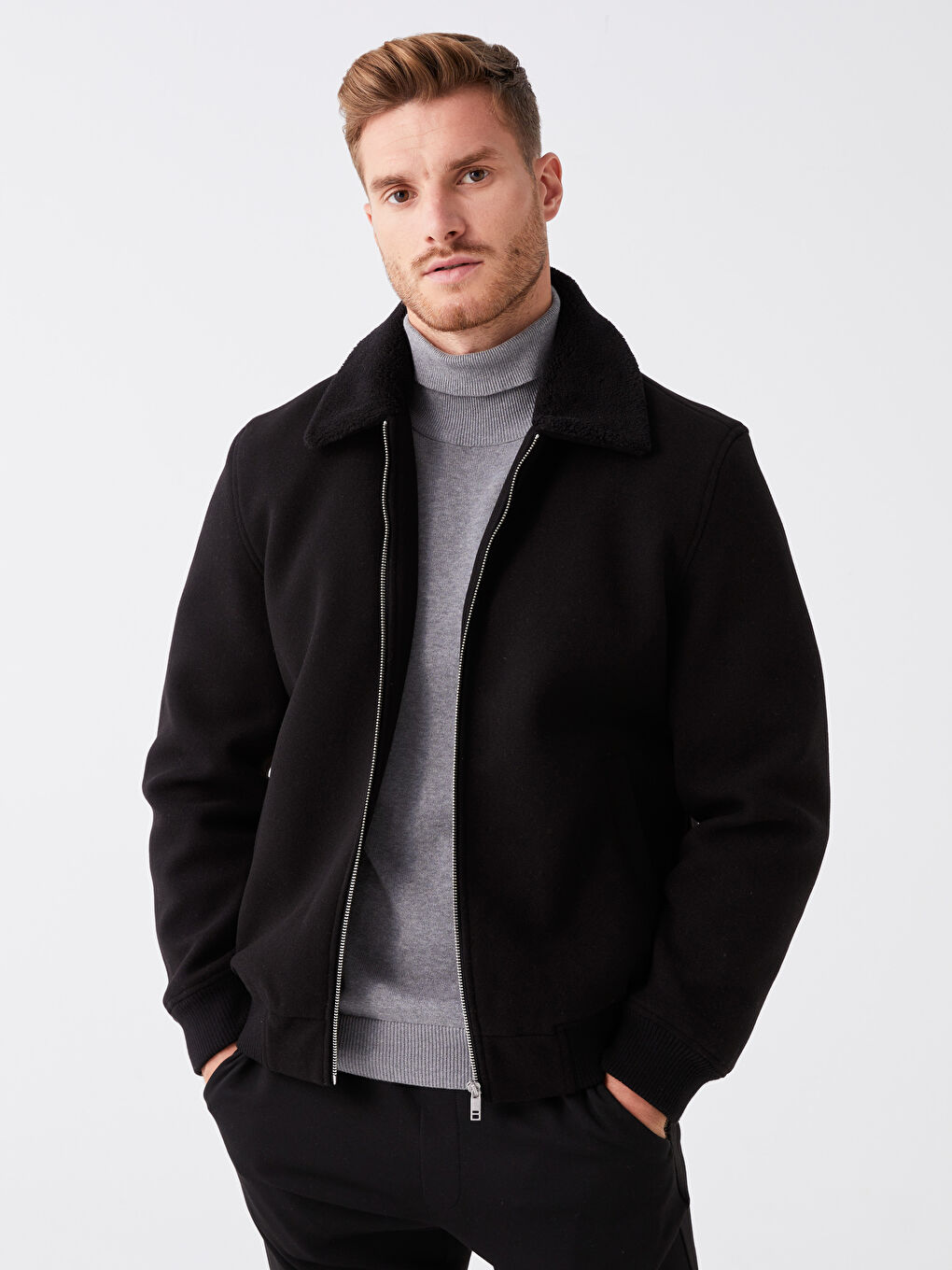 Siyah Standart Kalıp Gömlek Yaka Erkek Kaşe Mont-1