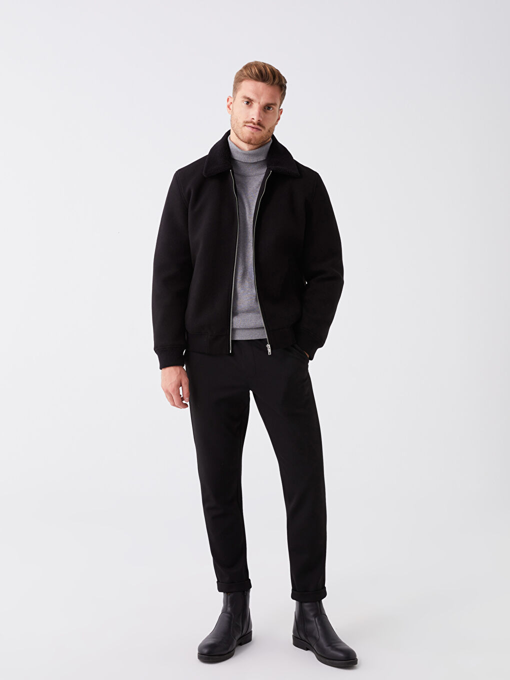 Siyah Standart Kalıp Gömlek Yaka Erkek Kaşe Mont-2